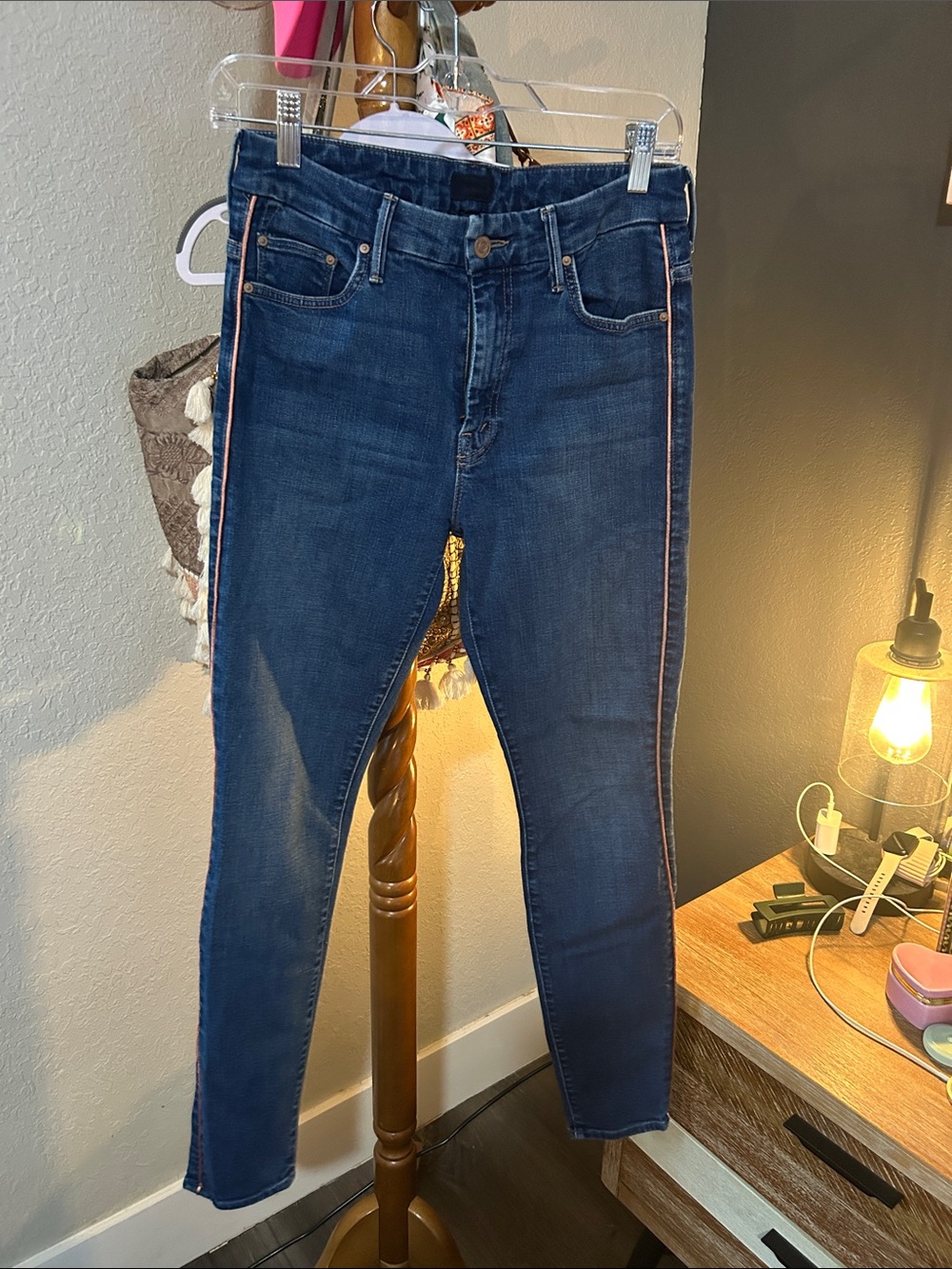 MOTHER Dark Blue Skinny Jeans with Pink Side Stripe